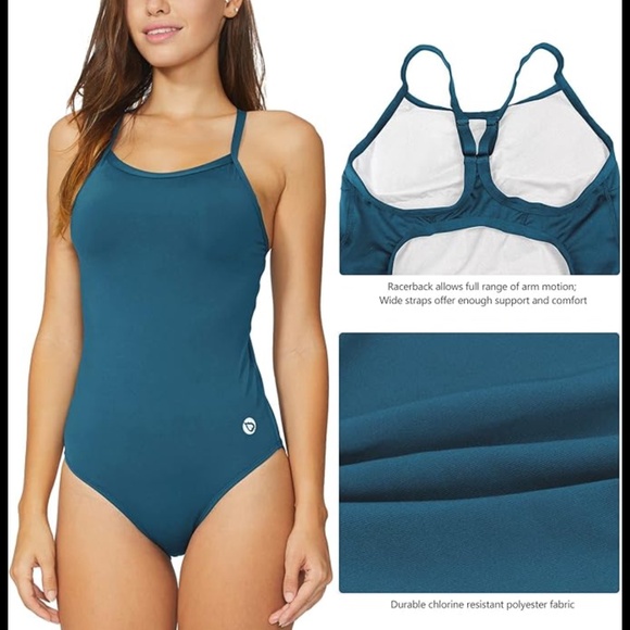 Women's Steel Blue Athletic Training One Piece Bathing Suit - Picture 3 of 9